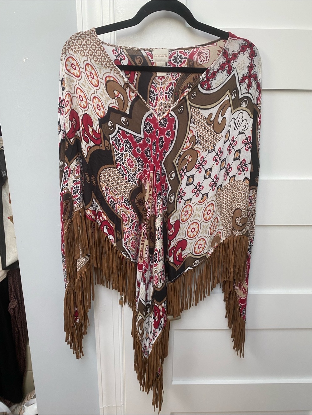 Chico's Multi-Colored Paisley Fringed Poncho with Brown Trim - Picture 3 of 7